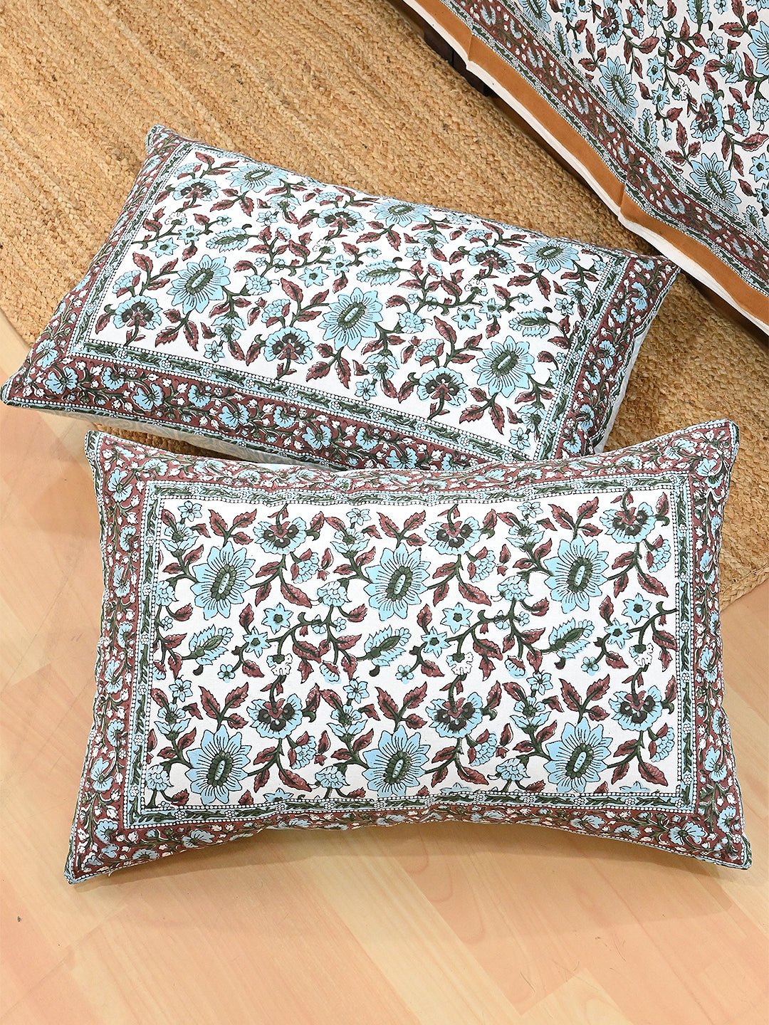 TROPICANA BLUE COTTON BLOCK PRINTED DOUBLE BEDSHEET WITH PILLOW - ART AVENUE