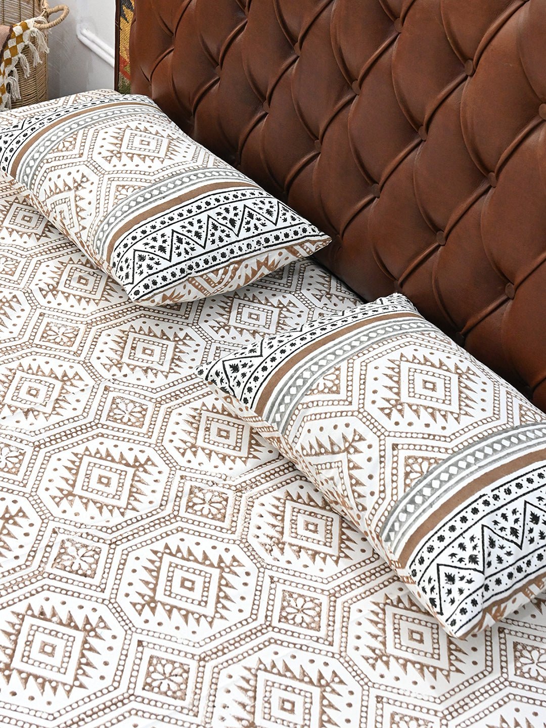 GEOMETRIC BROWN COTTON PRINTED DOUBLE BEDSHEET WITH PILLOW - ART AVENUE