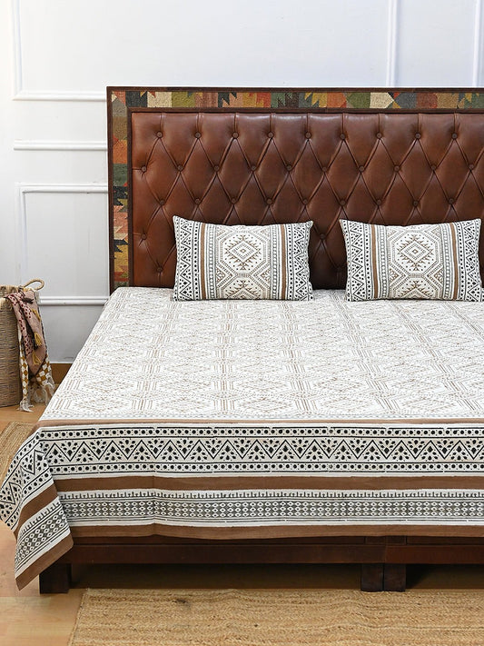 GEOMETRIC BROWN COTTON PRINTED DOUBLE BEDSHEET WITH PILLOW - ART AVENUE
