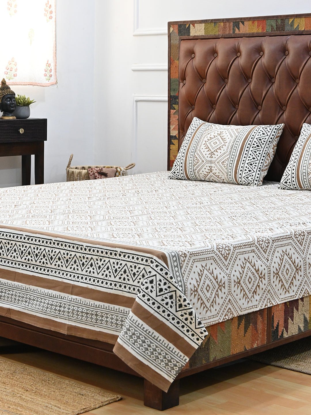 GEOMETRIC BROWN COTTON PRINTED DOUBLE BEDSHEET WITH PILLOW - ART AVENUE