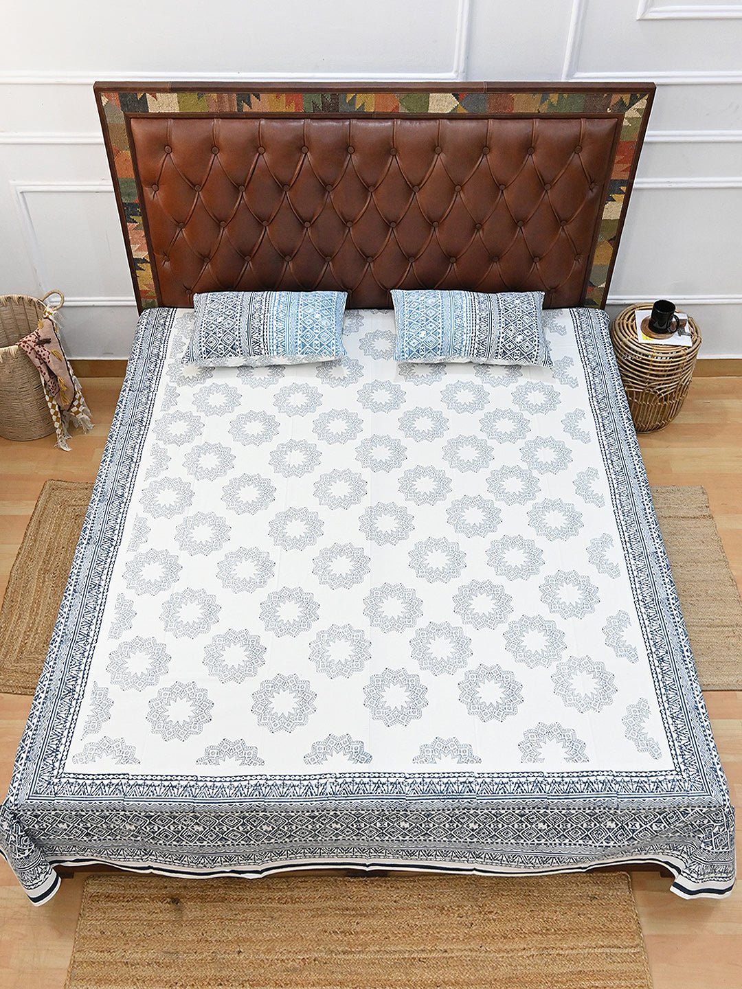 SUNFLOWER BLUE GEOMETRIC COTTON PRINTED DOUBLE BEDSHEET WITH PILLOW - ART AVENUE