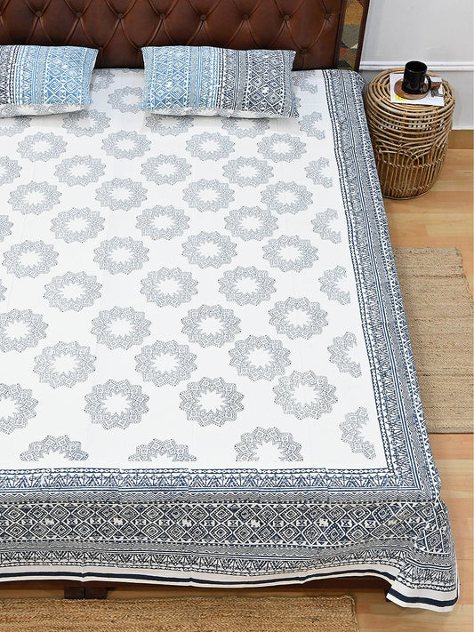 SUNFLOWER BLUE GEOMETRIC COTTON PRINTED DOUBLE BEDSHEET WITH PILLOW - ART AVENUE