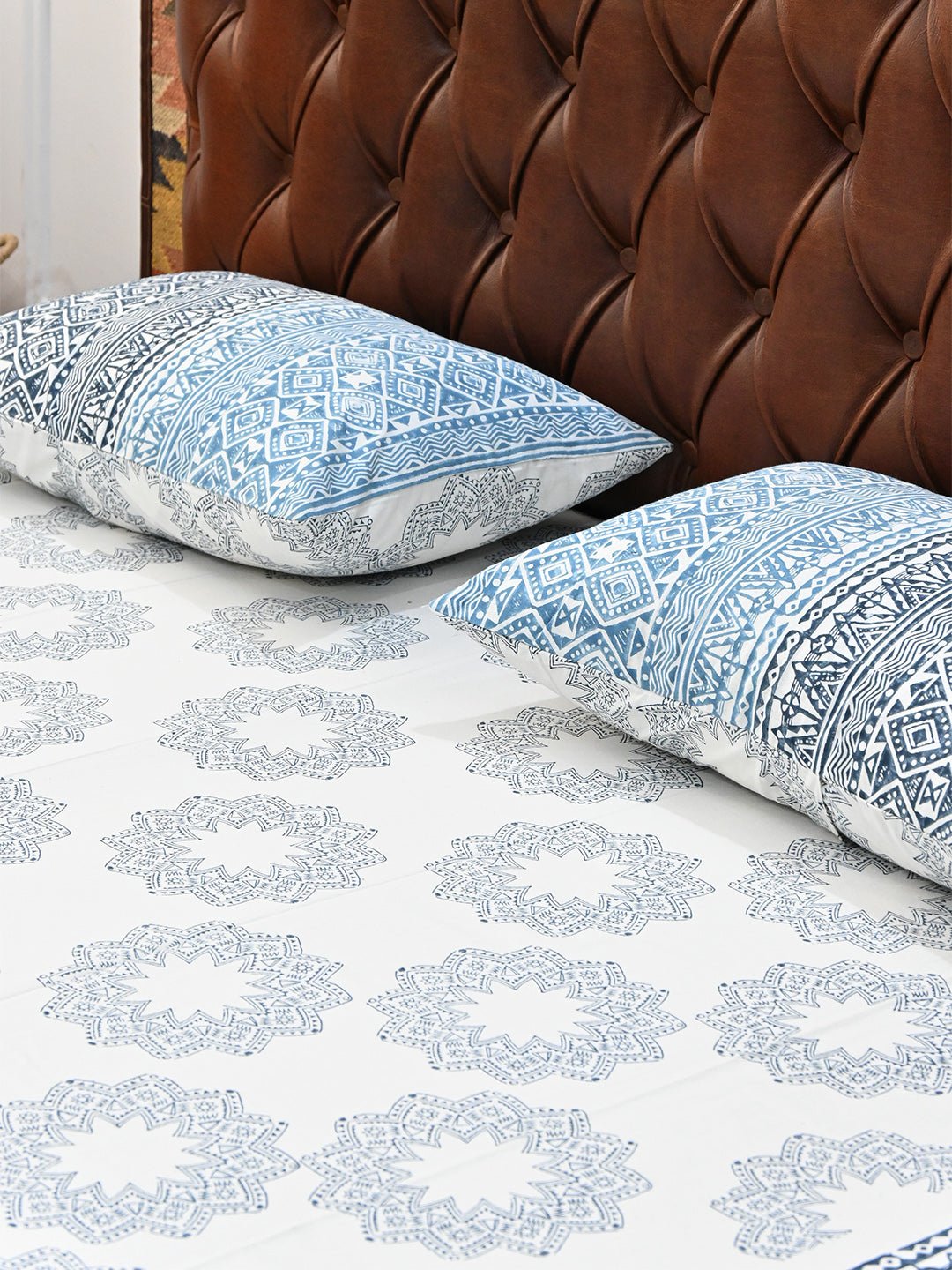 SUNFLOWER BLUE GEOMETRIC COTTON PRINTED DOUBLE BEDSHEET WITH PILLOW - ART AVENUE