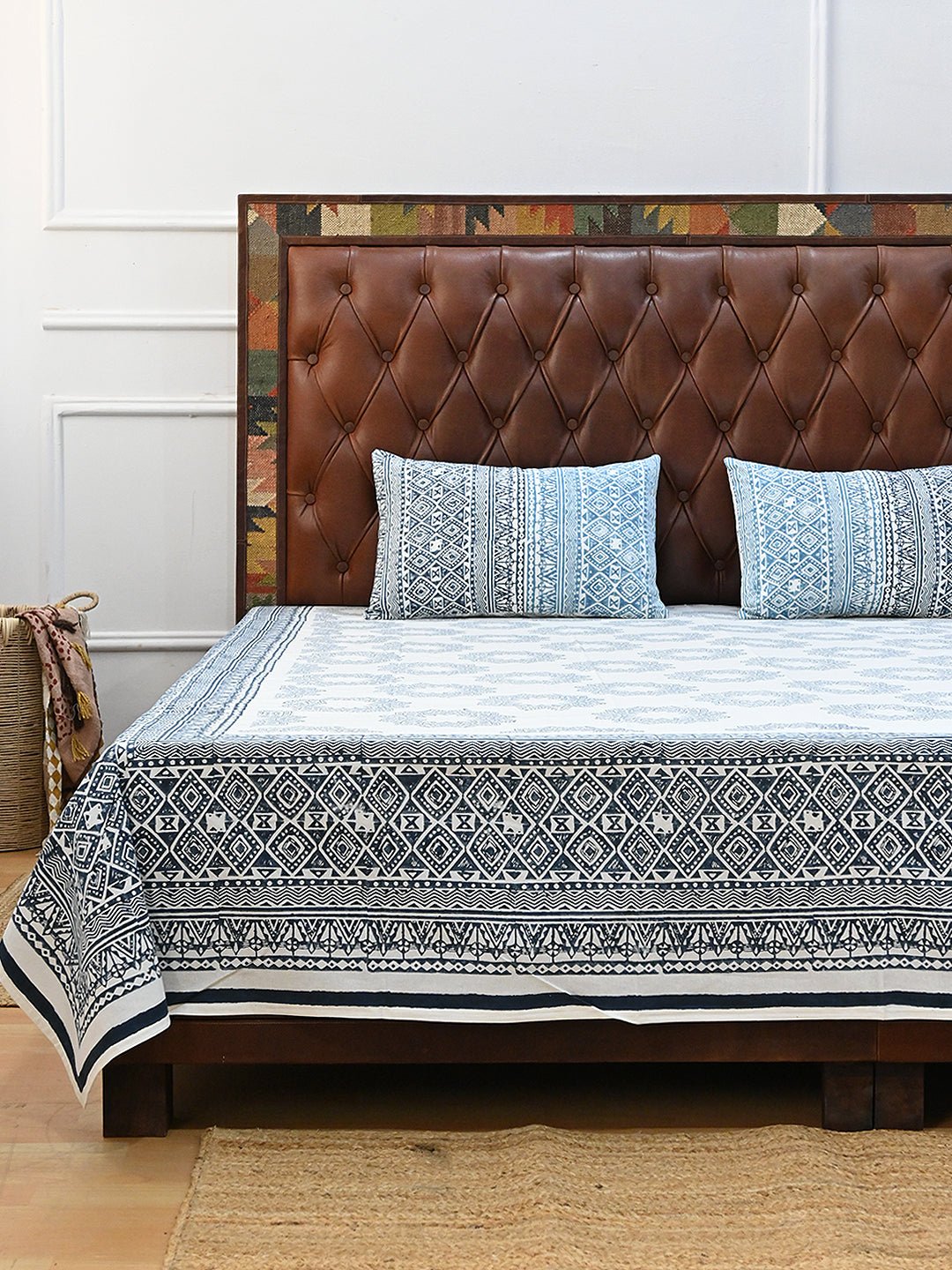 SUNFLOWER BLUE GEOMETRIC COTTON PRINTED DOUBLE BEDSHEET WITH PILLOW - ART AVENUE