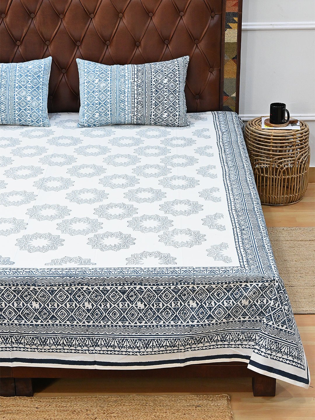 SUNFLOWER BLUE GEOMETRIC COTTON PRINTED DOUBLE BEDSHEET WITH PILLOW - ART AVENUE