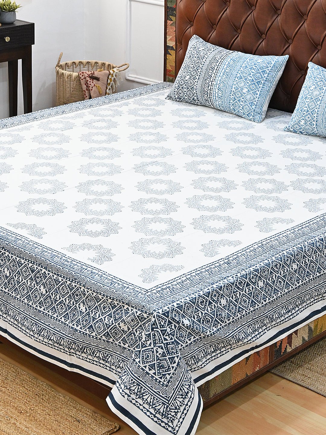 SUNFLOWER BLUE GEOMETRIC COTTON PRINTED DOUBLE BEDSHEET WITH PILLOW - ART AVENUE