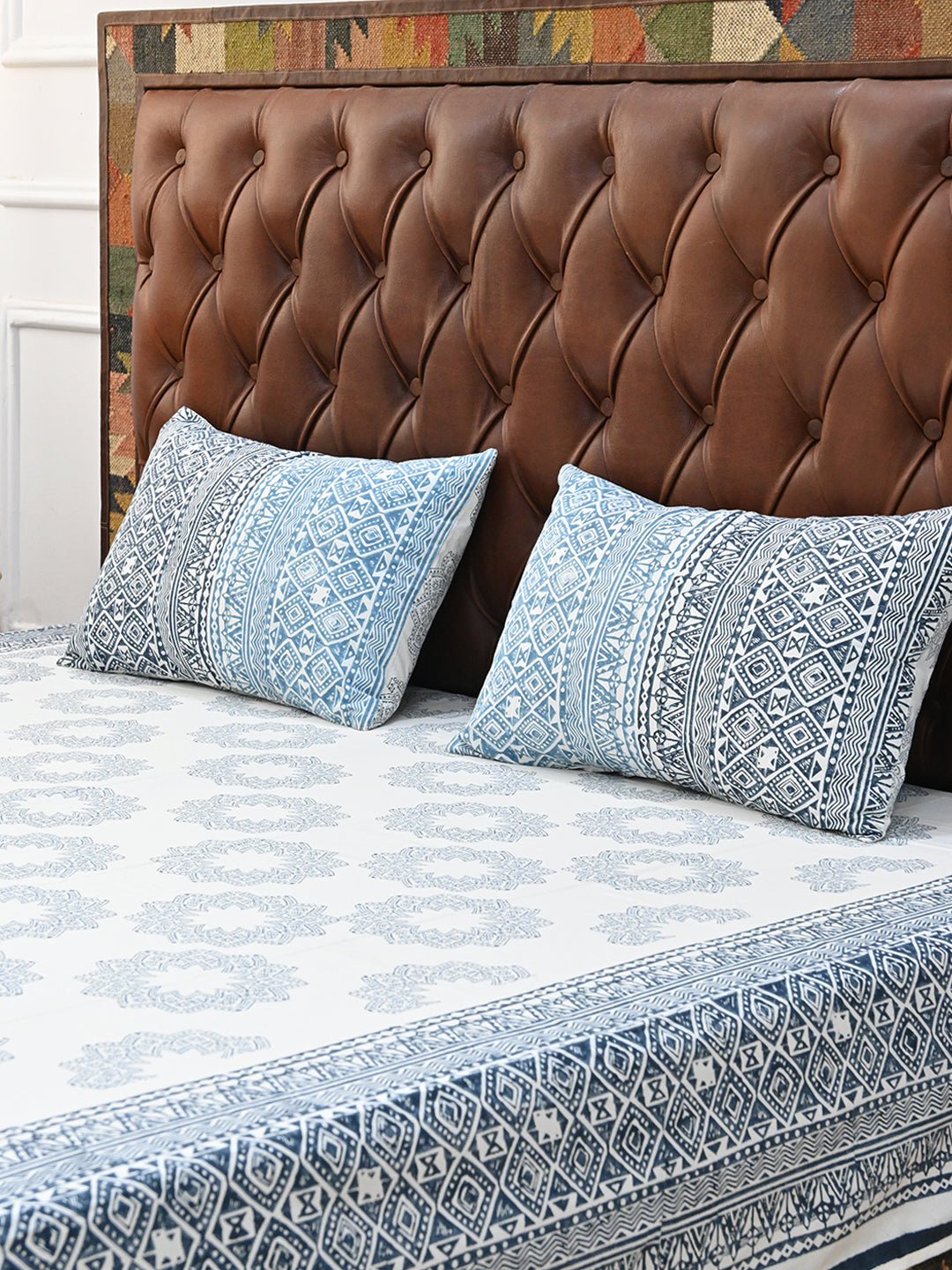SUNFLOWER BLUE GEOMETRIC COTTON PRINTED DOUBLE BEDSHEET WITH PILLOW - ART AVENUE
