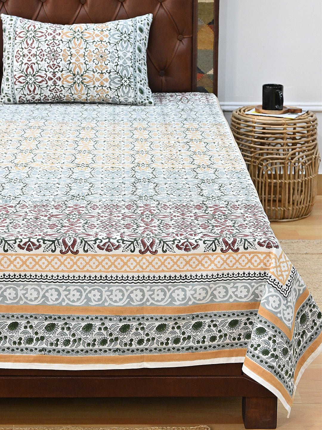SUHANI JAAL FLORAL COTTON PRINTED DOUBLE BEDSHEET WITH PILLOW - ART AVENUE