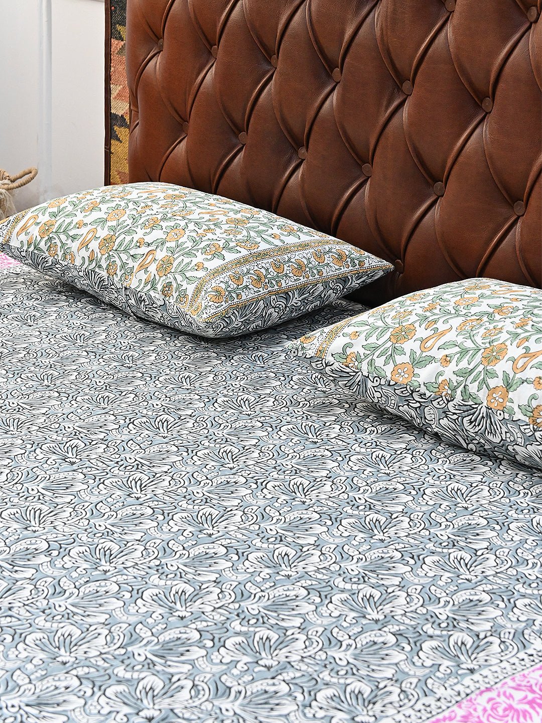 CHINTZ FLORAL COTTON PRINTED DOUBLE BEDSHEET WITH PILLOW - ART AVENUE