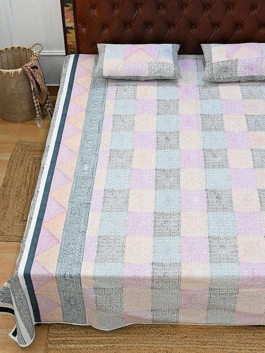 APPLIQUE PATTERN COTTON PRINTED DOUBLE BEDSHEET WITH PILLOW - ART AVENUE