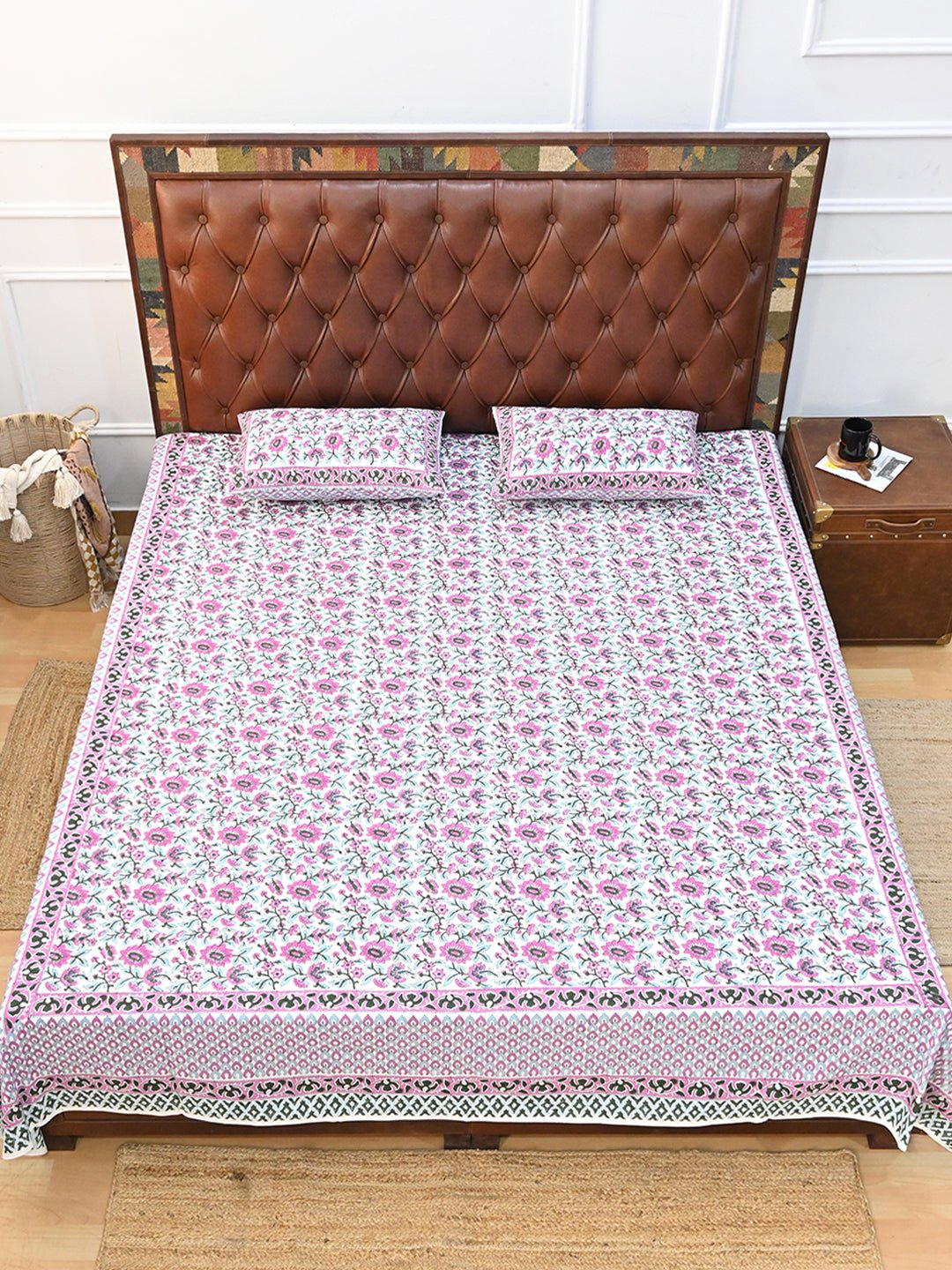 GULMARG PINK COTTON PRINTED DOUBLE BEDSHEET WITH PILLOW - ART AVENUE