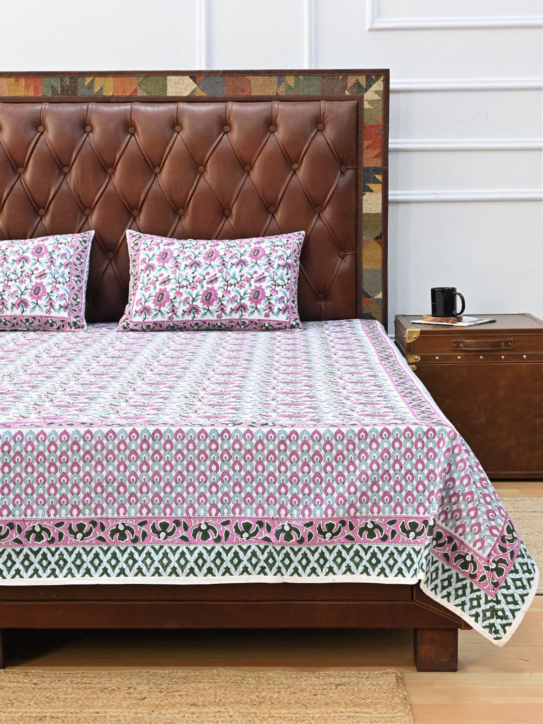 GULMARG PINK COTTON PRINTED DOUBLE BEDSHEET WITH PILLOW - ART AVENUE
