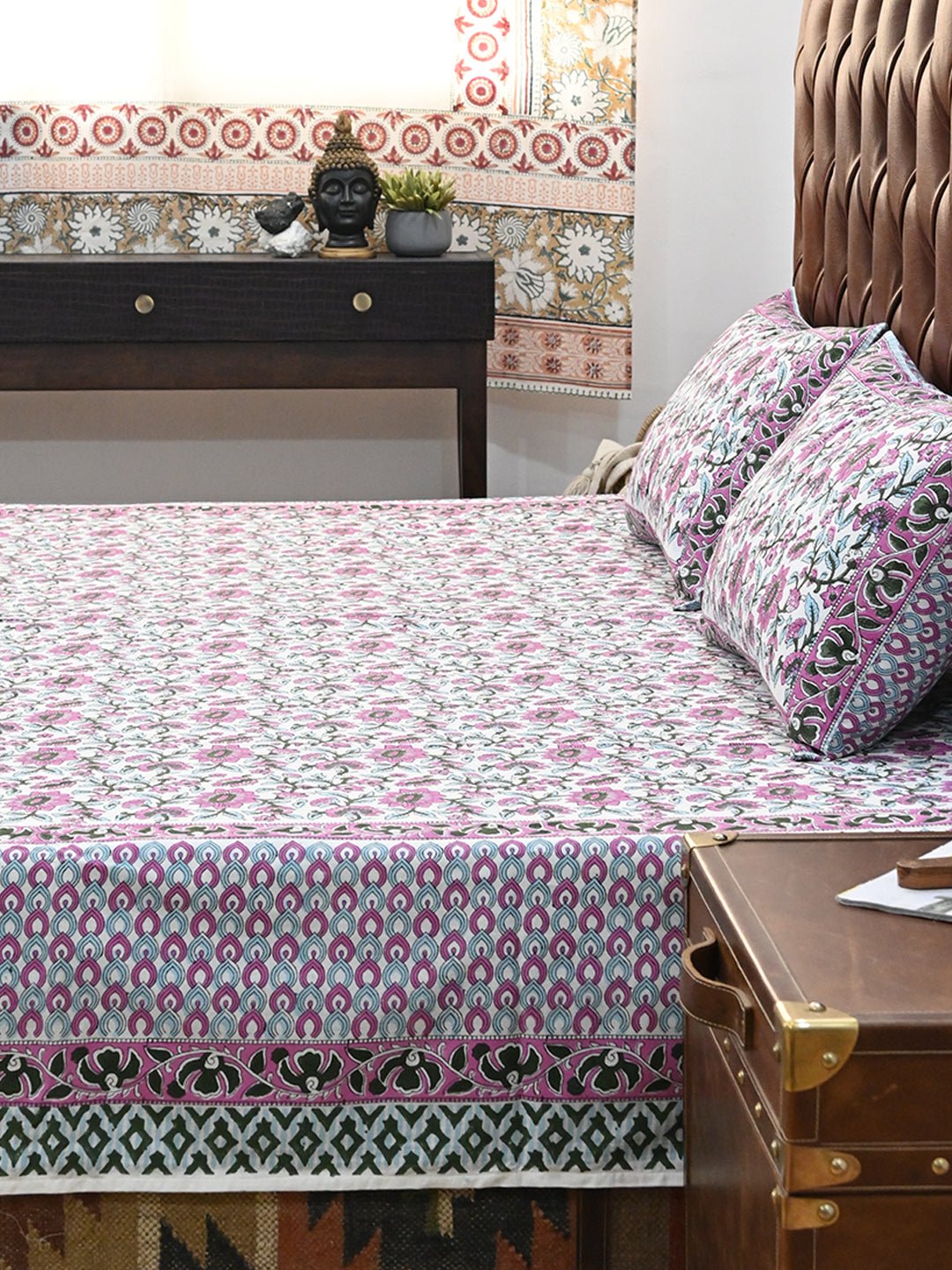 GULMARG PINK COTTON PRINTED DOUBLE BEDSHEET WITH PILLOW - ART AVENUE