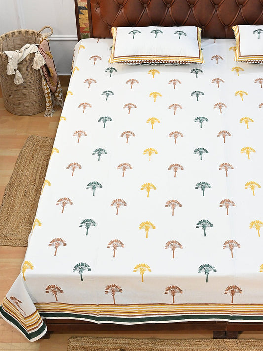 PALM TREE COTTON PRINTED DOUBLE BEDSHEET WITH PILLOW - ART AVENUE