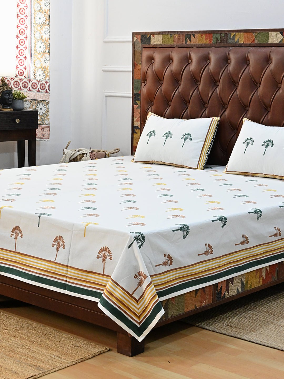 PALM TREE COTTON PRINTED DOUBLE BEDSHEET WITH PILLOW - ART AVENUE