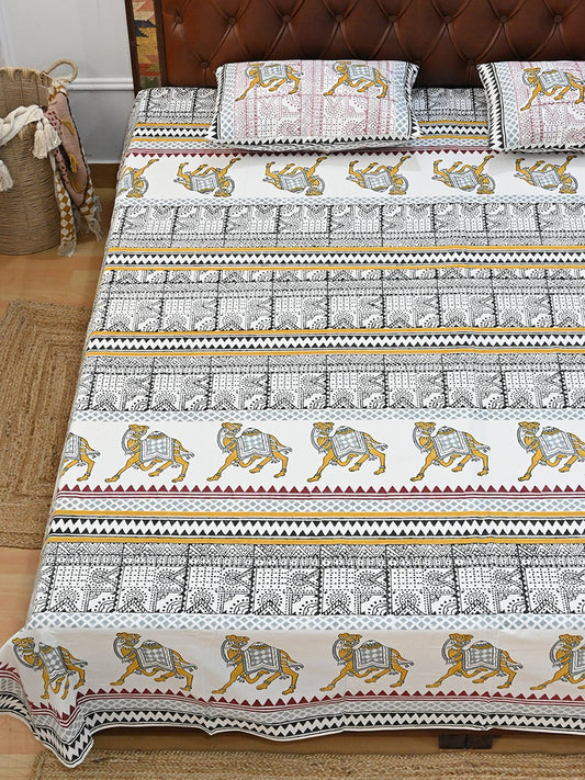 TRADITIONAL CAMEL COTTON PRINTED DOUBLE BEDSHEET WITH PILLOW - ART AVENUE