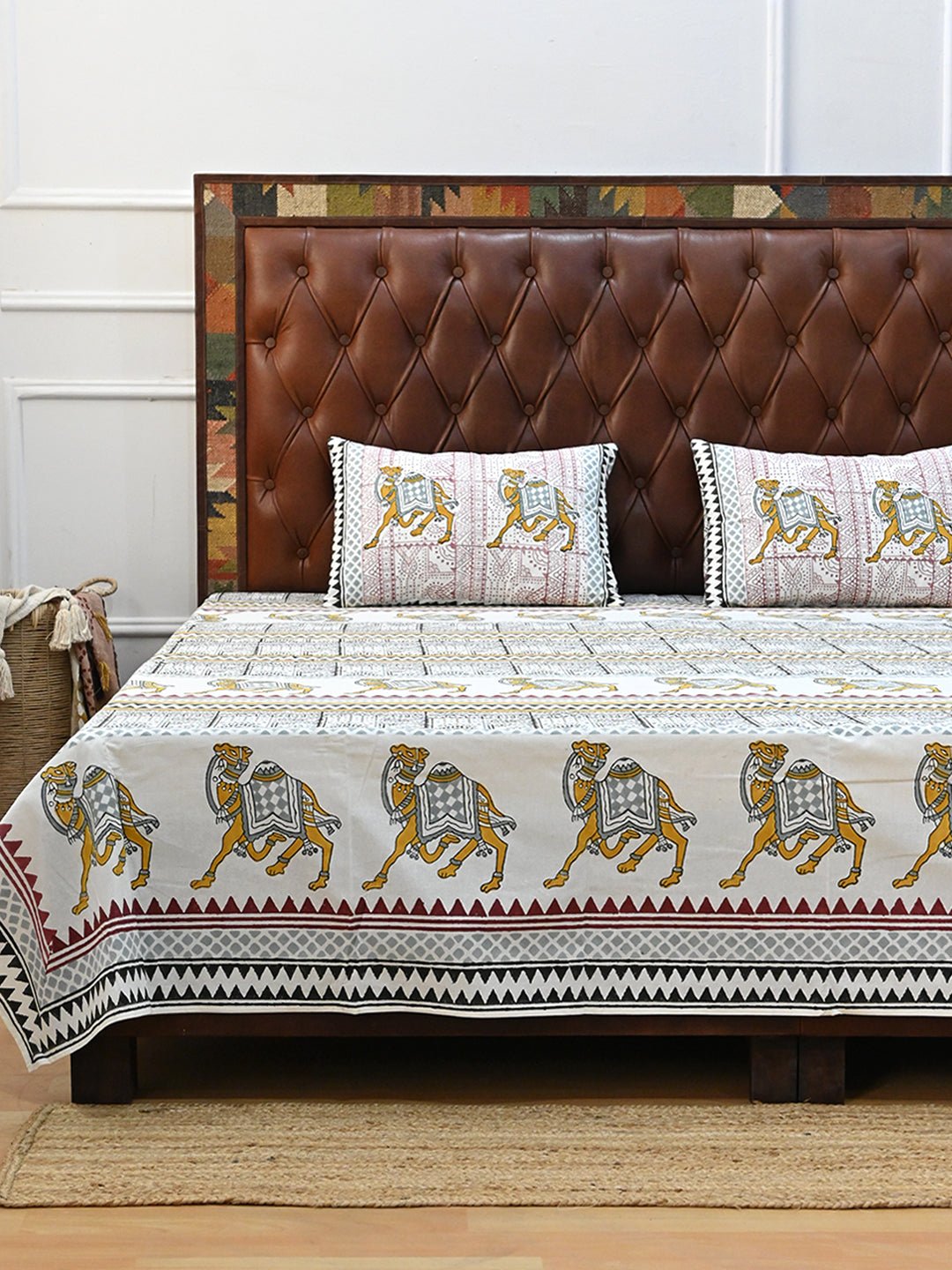 TRADITIONAL CAMEL COTTON PRINTED DOUBLE BEDSHEET WITH PILLOW - ART AVENUE