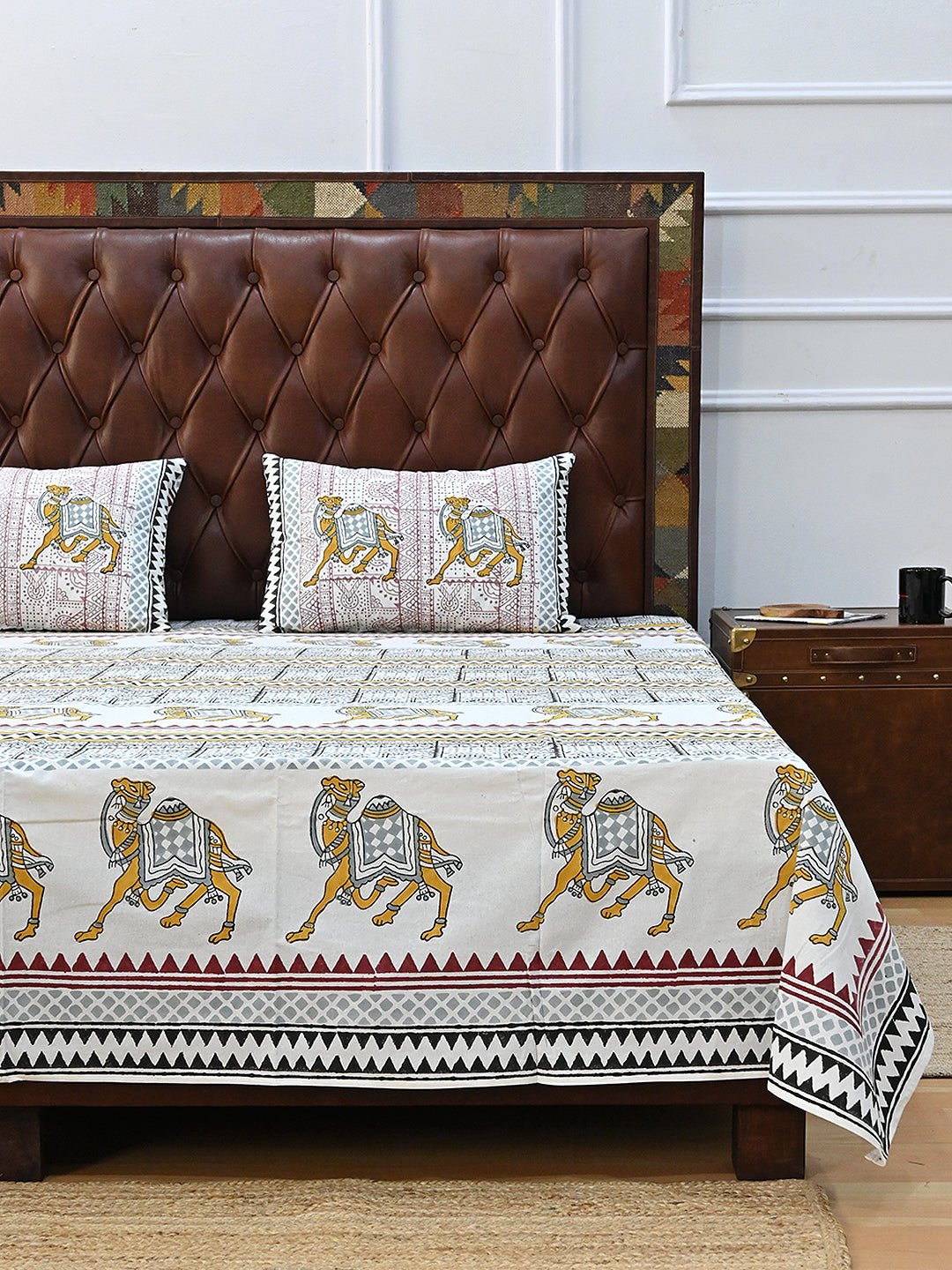 TRADITIONAL CAMEL COTTON PRINTED DOUBLE BEDSHEET WITH PILLOW - ART AVENUE