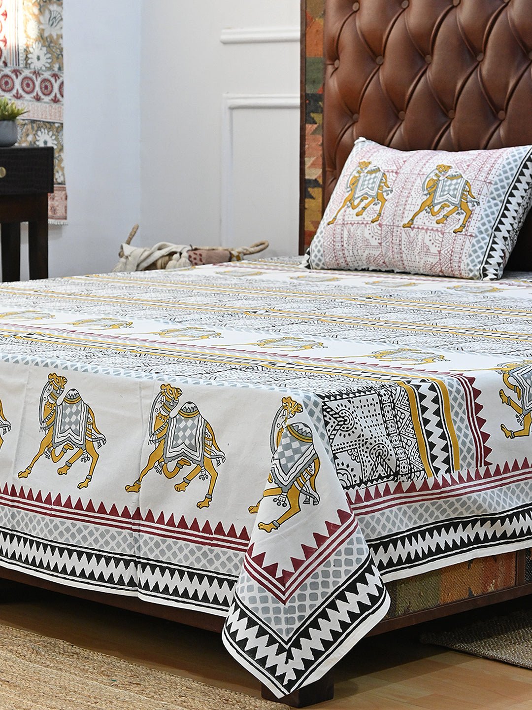 TRADITIONAL CAMEL COTTON PRINTED DOUBLE BEDSHEET WITH PILLOW - ART AVENUE