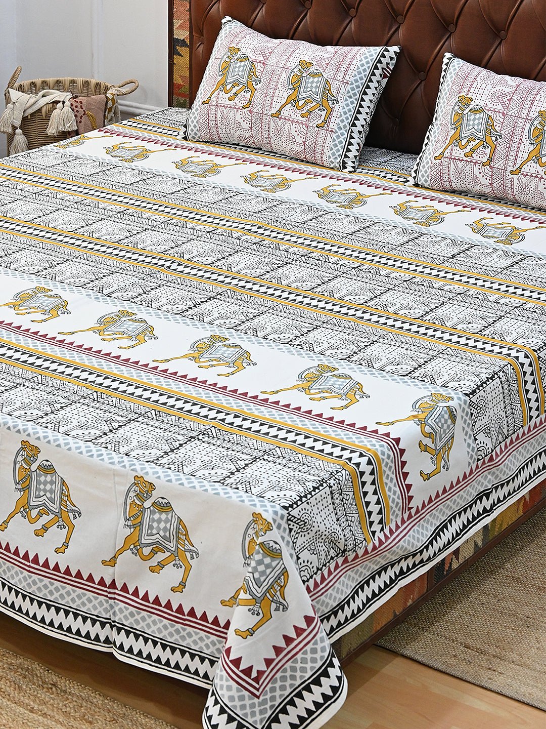 TRADITIONAL CAMEL COTTON PRINTED DOUBLE BEDSHEET WITH PILLOW - ART AVENUE