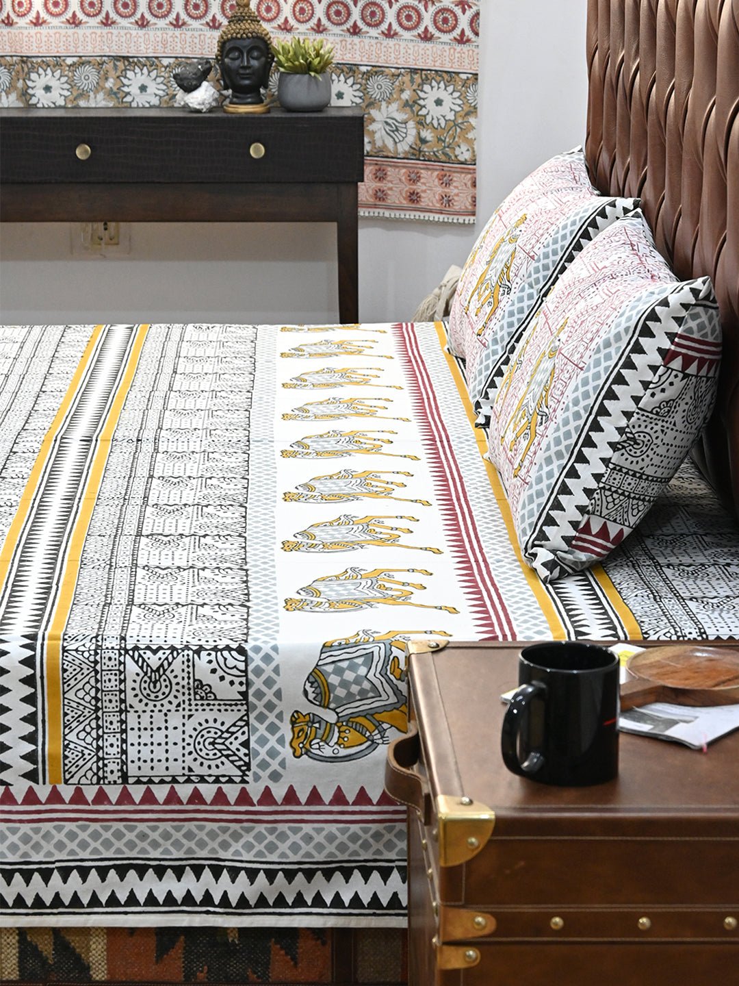 TRADITIONAL CAMEL COTTON PRINTED DOUBLE BEDSHEET WITH PILLOW - ART AVENUE
