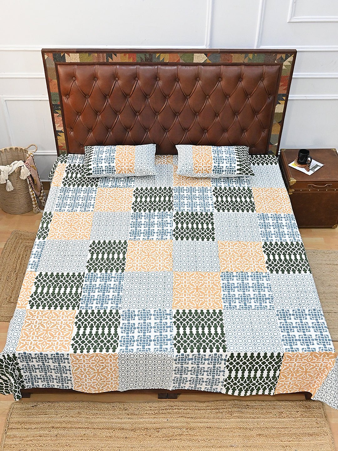 BOHEMIAN GEOMETRIC COTTON PRINTED DOUBLE BEDSHEET WITH PILLOW - ART AVENUE