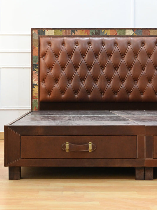 Kilim & Leather Wooden Double Bed — Art Avenue