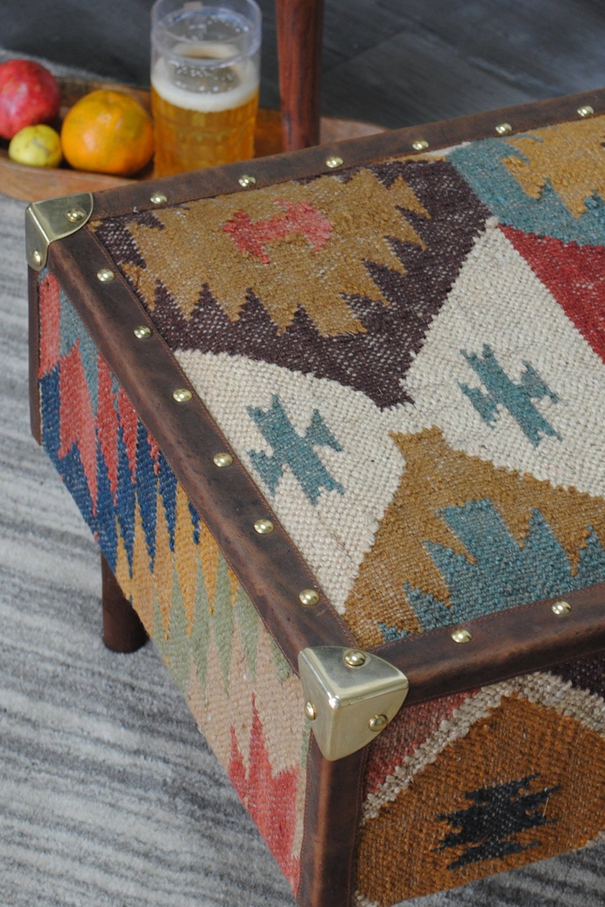 Handcrafted kilim and leather ottoman — Art Avenue