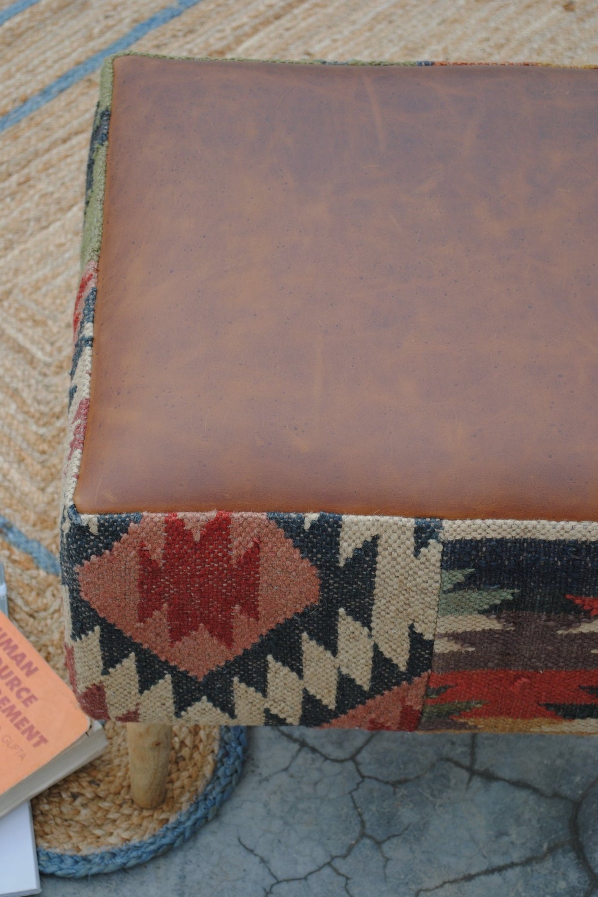 Revere kilim and leather ottoman — available in multiple sizes, Art Avenue