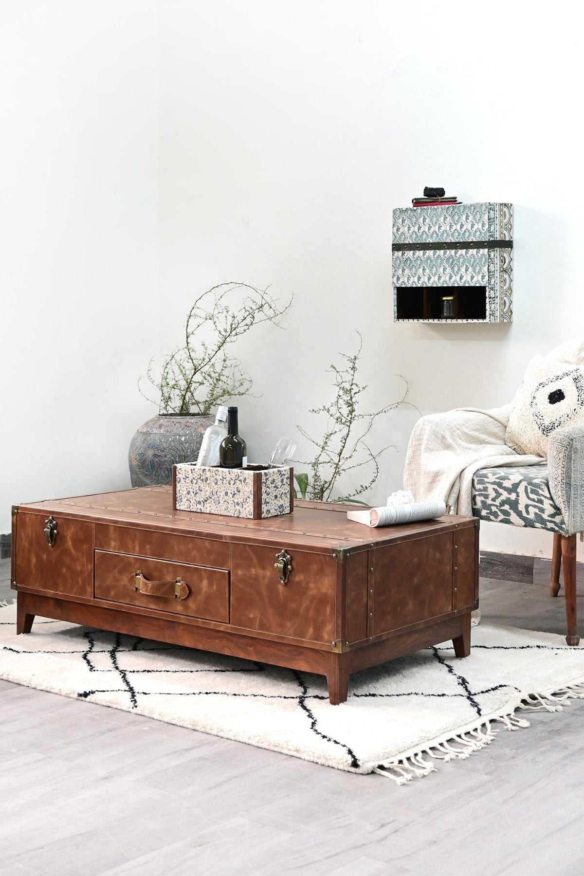 Tulum leather coffee table — hand-stitched top detail — Art Avenue