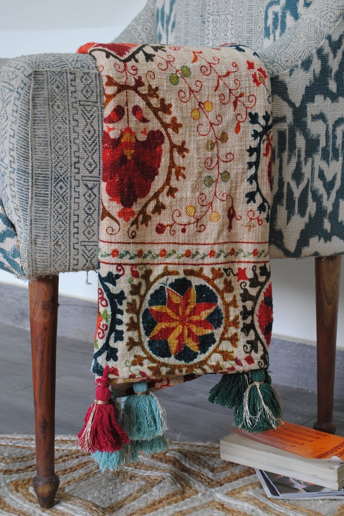 Block-printed cotton throw styled on sofa — Art Avenue