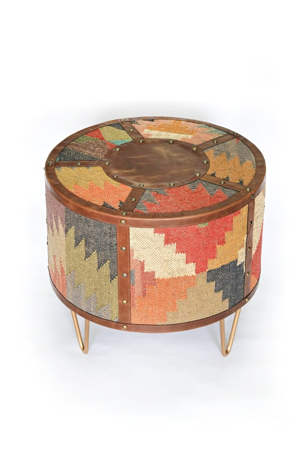 Top view of round leather side table — Art Avenue