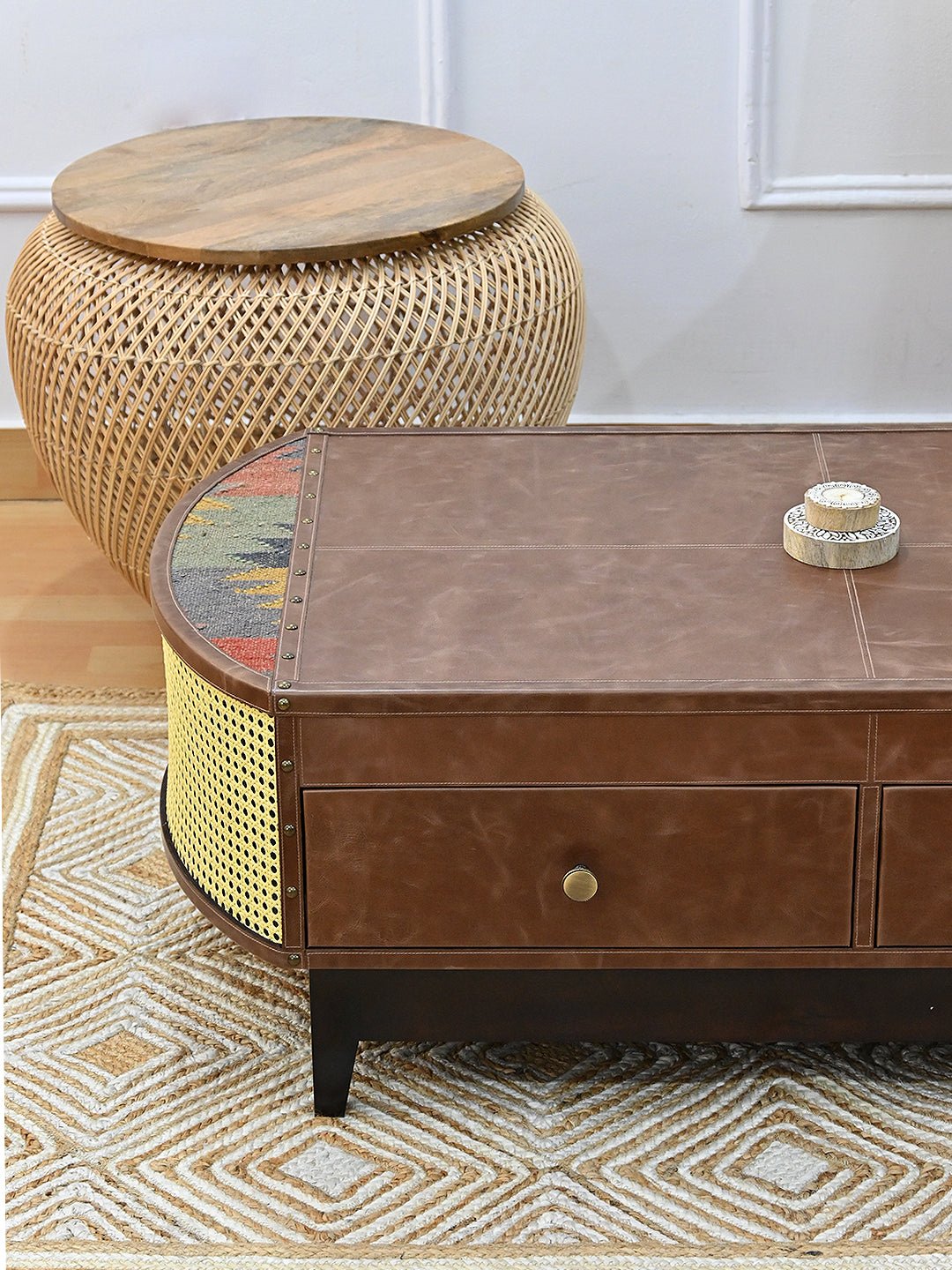 Side view of kilim coffee table with storage — Art Avenue