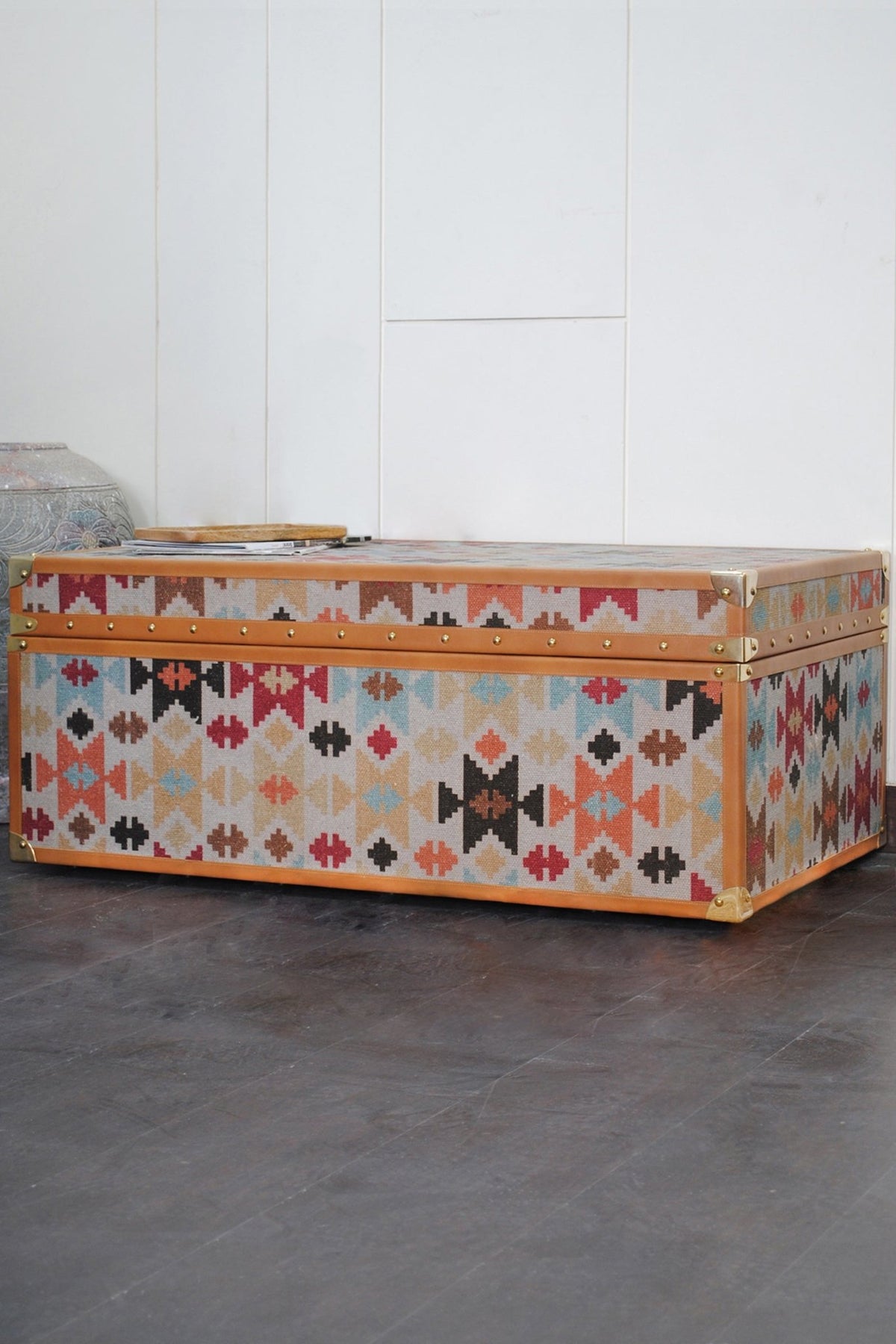 Aztec kilim trunk — kilim panel and leather trim detail — Art Avenue
