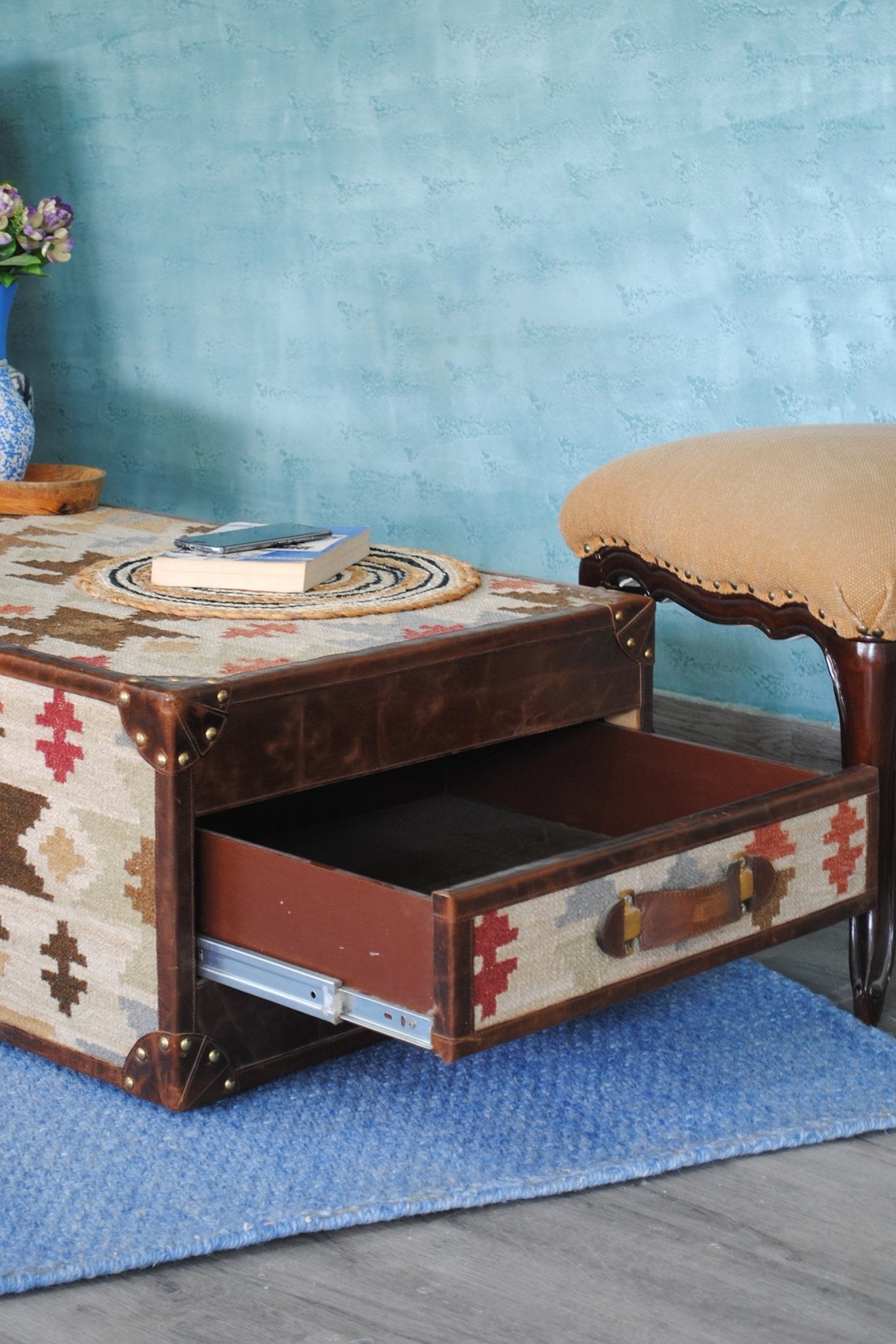 Sunshine leather coffee table — hand-stitched top detail — Art Avenue