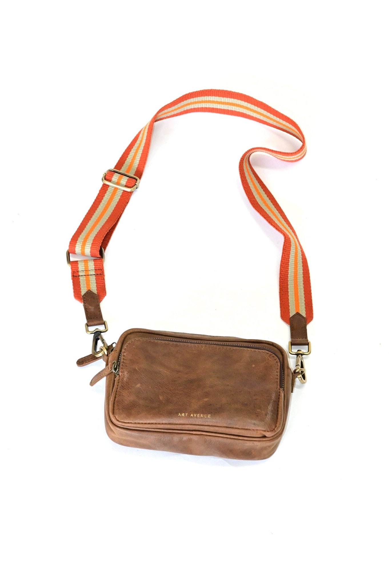 Harisson leather sling bag in brown, second view — Art Avenue