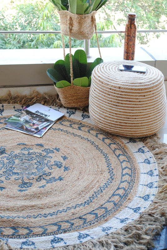 Niello round braided jute rug — natural handwoven in Jaipur
