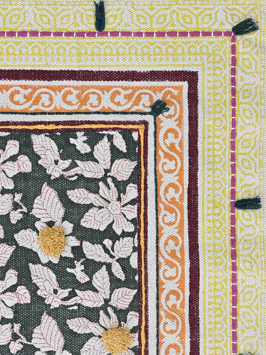 Detail of floral block-print on cotton dhurrie rug — Art Avenue