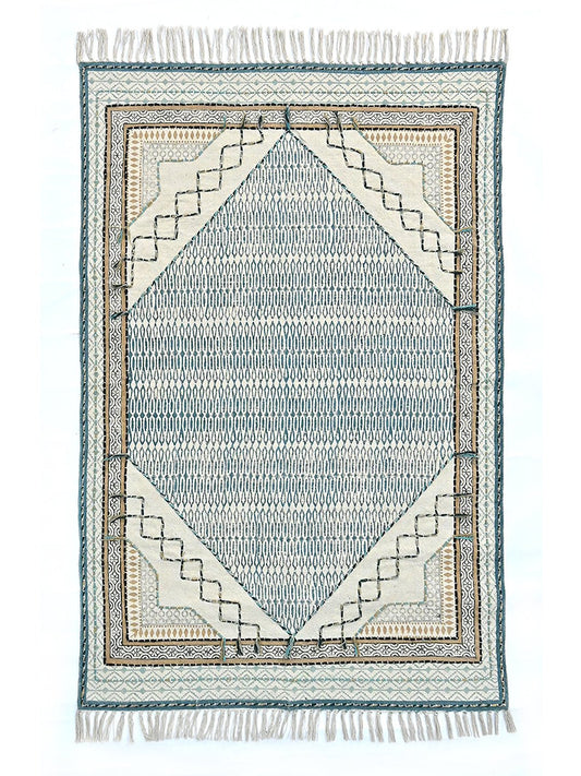 Block-Printed Cotton Dhurrie Rug in Blue, Green & Grey Floral — Art Avenue