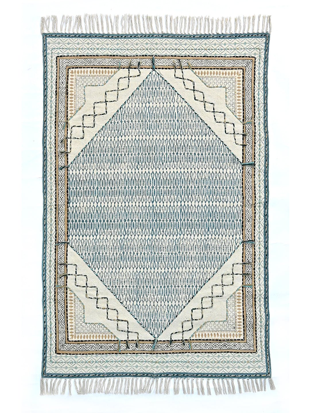 Block-Printed Cotton Dhurrie Rug in Blue, Green & Grey Floral — Art Avenue