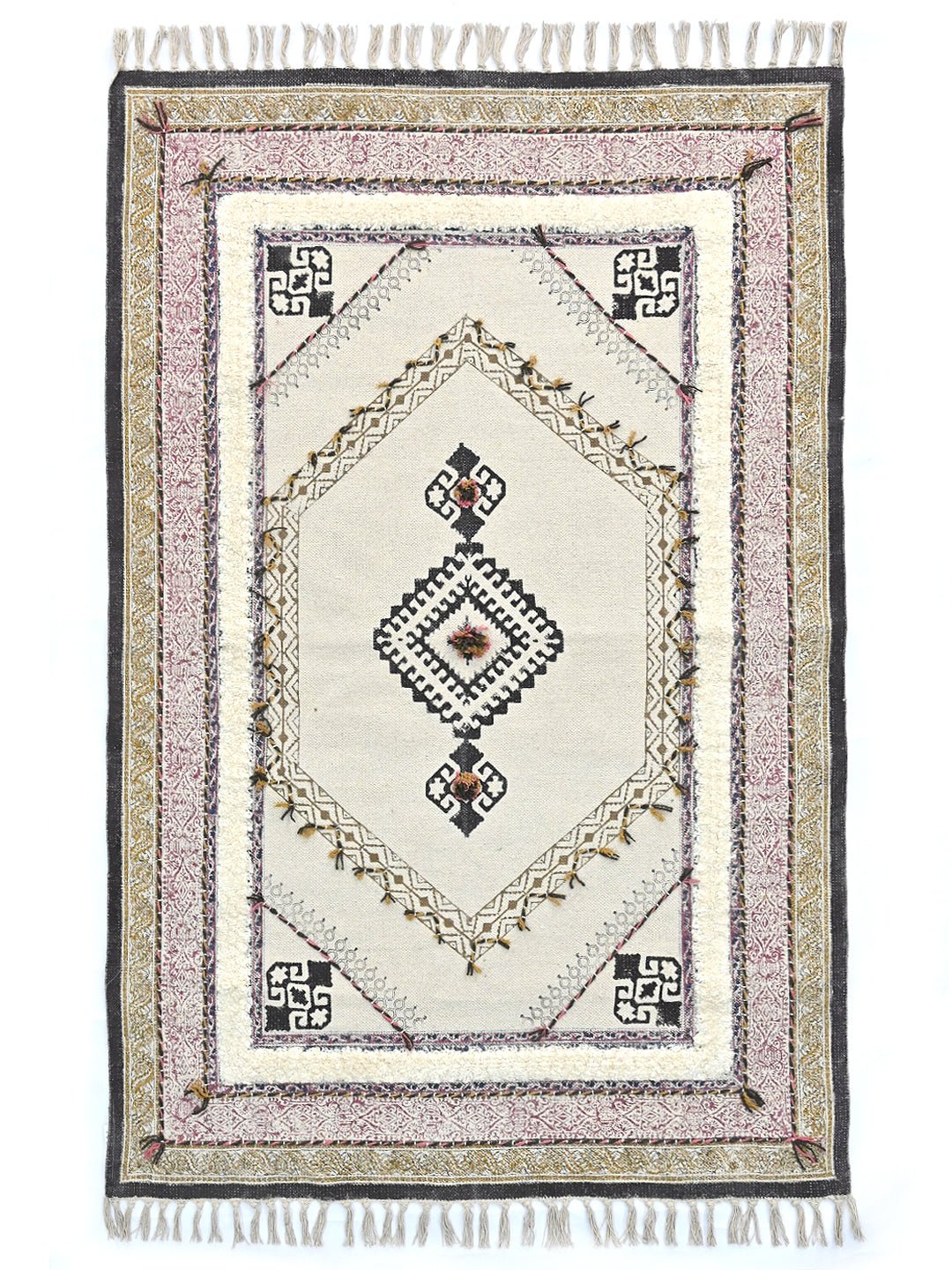 Block-Printed Cotton Dhurrie Rug in Blue, Green & Grey Floral — Art Avenue