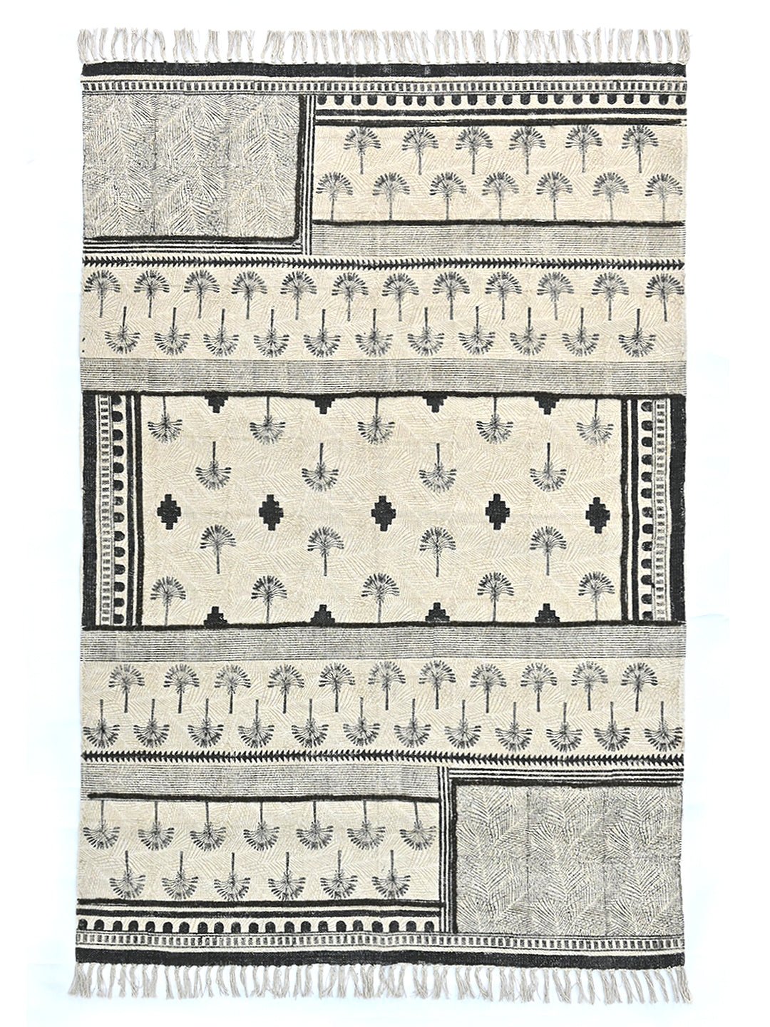 Block-Printed Cotton Dhurrie Rug in Black Modern — Art Avenue
