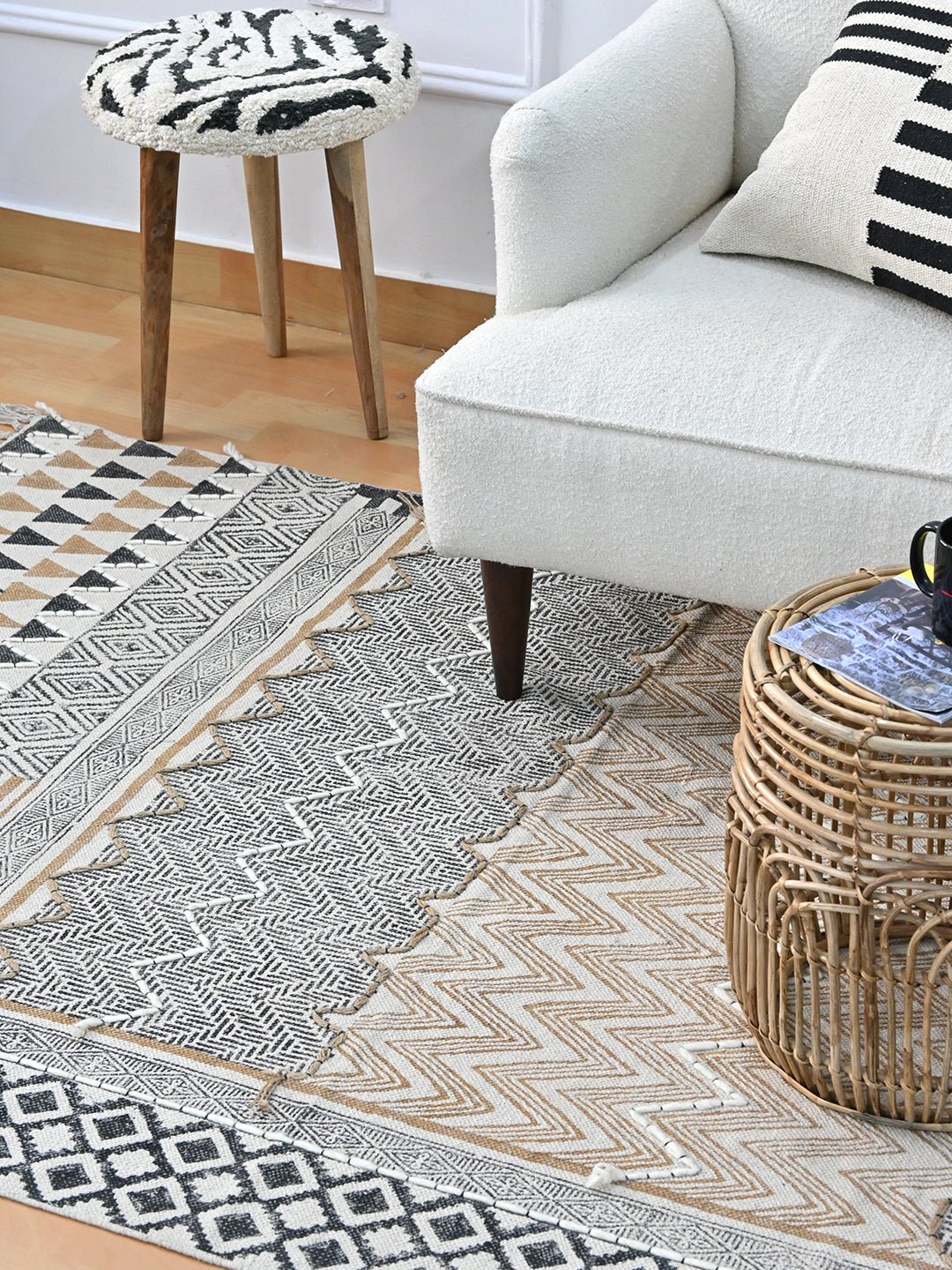 Block-printed cotton dhurrie rug in room setting — Art Avenue