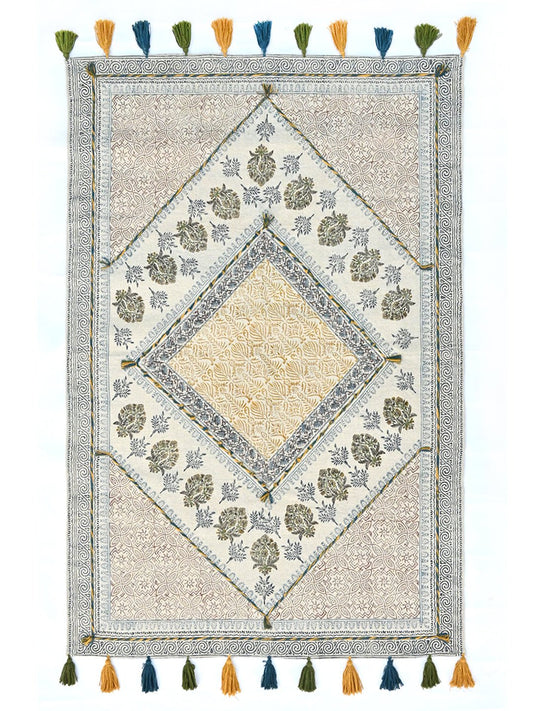 Block-Printed Cotton Dhurrie Rug in Blue, Green & Grey Floral — Art Avenue