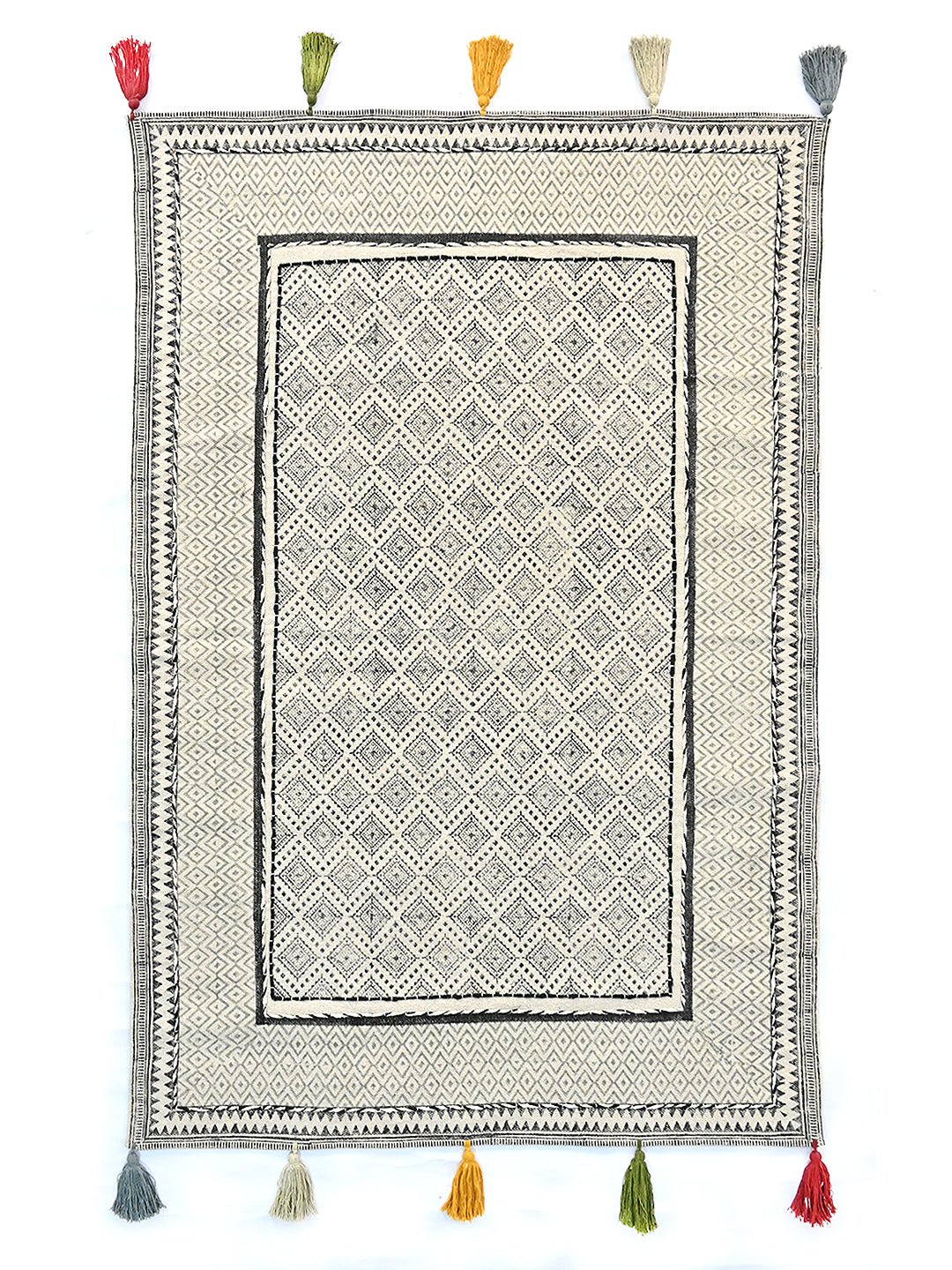Block-Printed Cotton Dhurrie Rug in Blue, Green & Grey Floral — Art Avenue