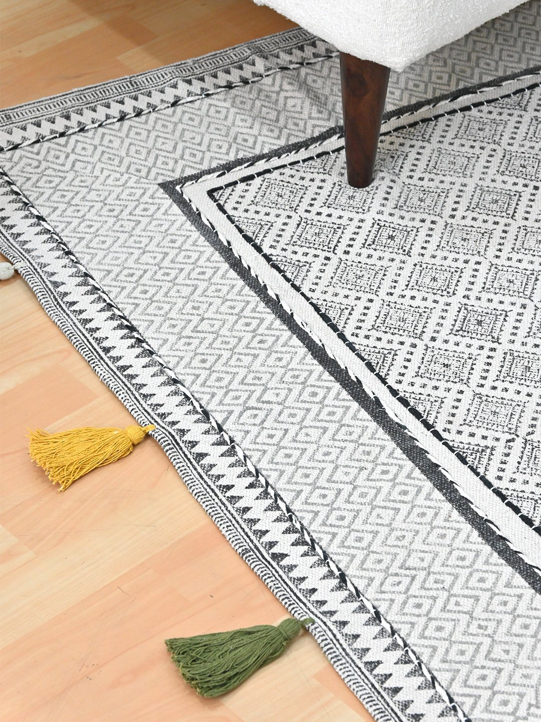Nahuas Block-Printed Cotton Dhurrie Rug in Blue & Green — Art Avenue