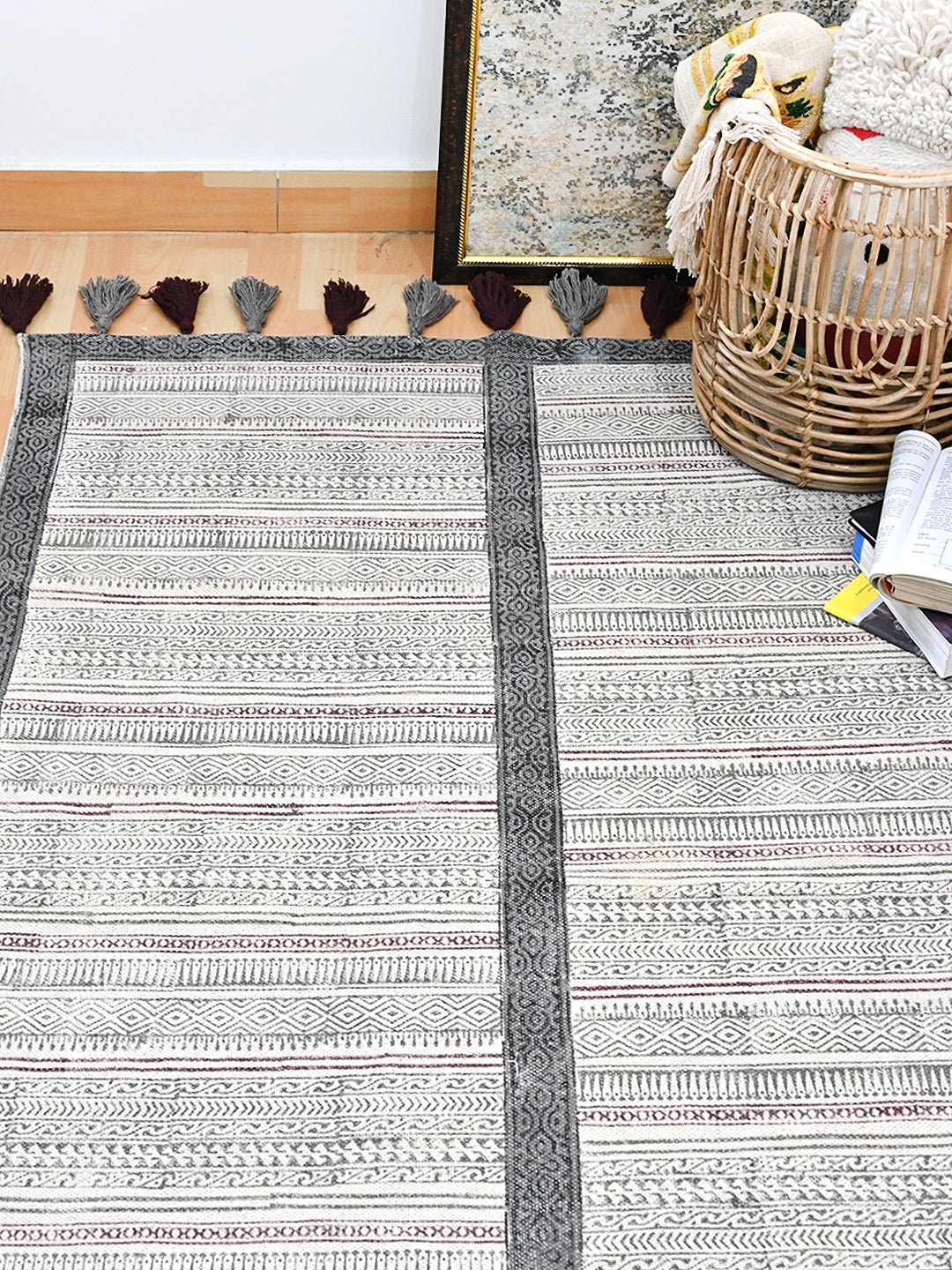 Block-printed cotton dhurrie rug in room setting — Art Avenue