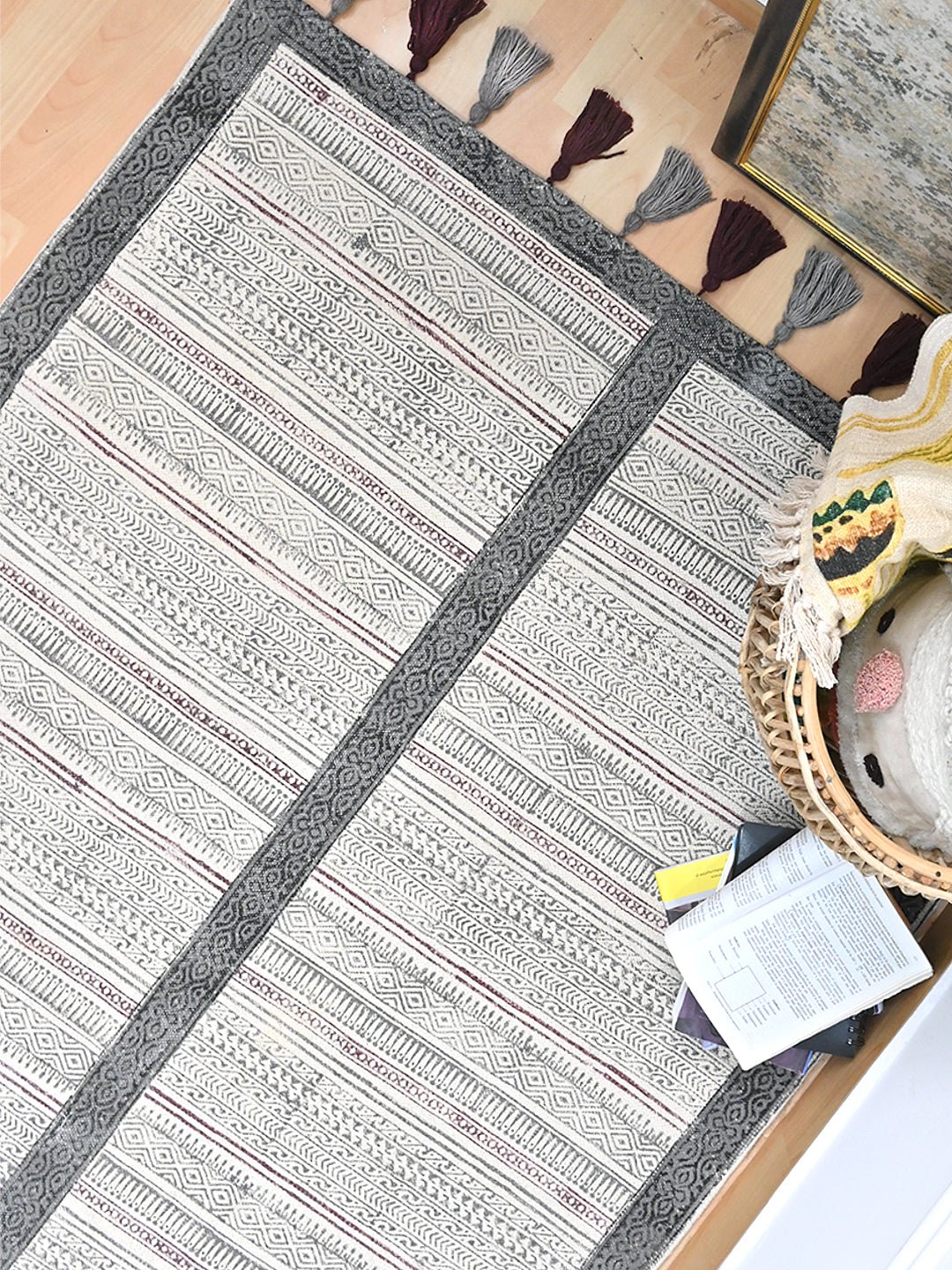 Sacred Block-Printed Cotton Dhurrie Rug — overhead view — Art Avenue