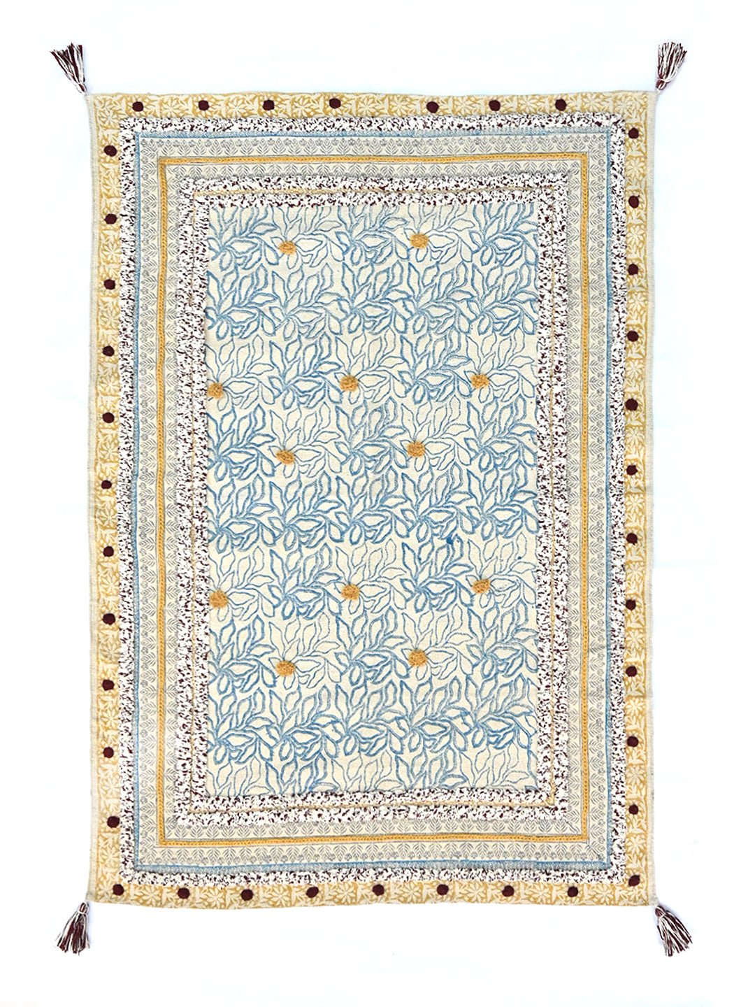 Block-Printed Cotton Dhurrie Rug in Blue, Green & Grey Floral — Art Avenue