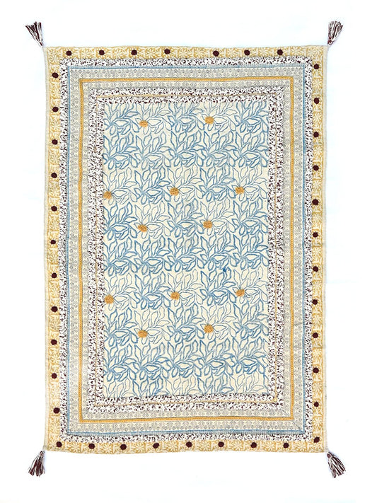 Block-Printed Cotton Dhurrie Rug in Blue, Green & Grey Floral — Art Avenue
